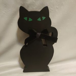 Halloween Black Cat Wood Art Hand Painted Free Standing Figurine Green Eyes